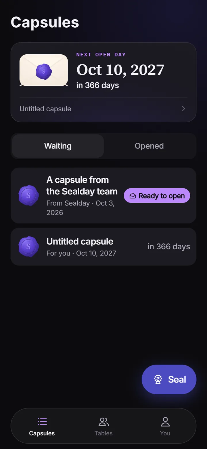 Capsules list with the next open day and a countdown
