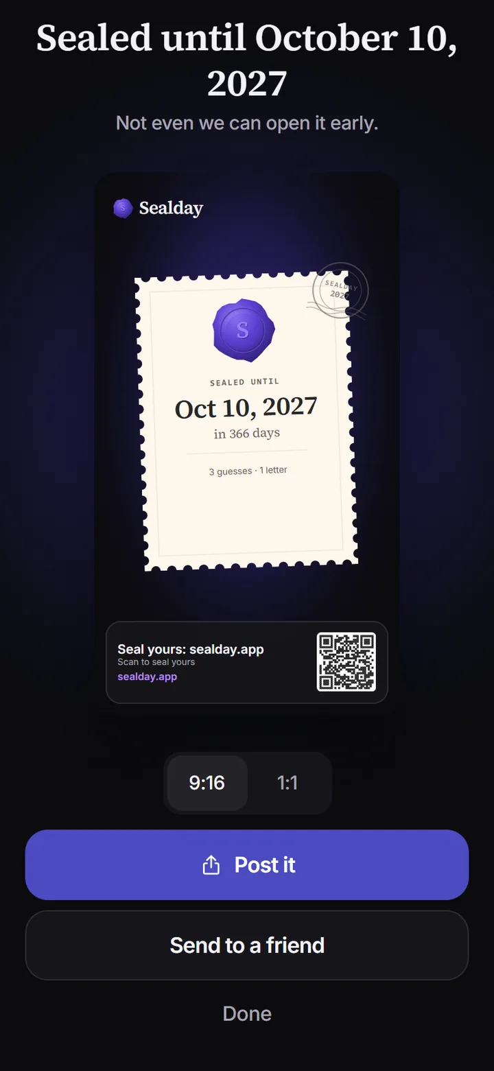 The sealed capsule as a shareable stamp card with a QR code